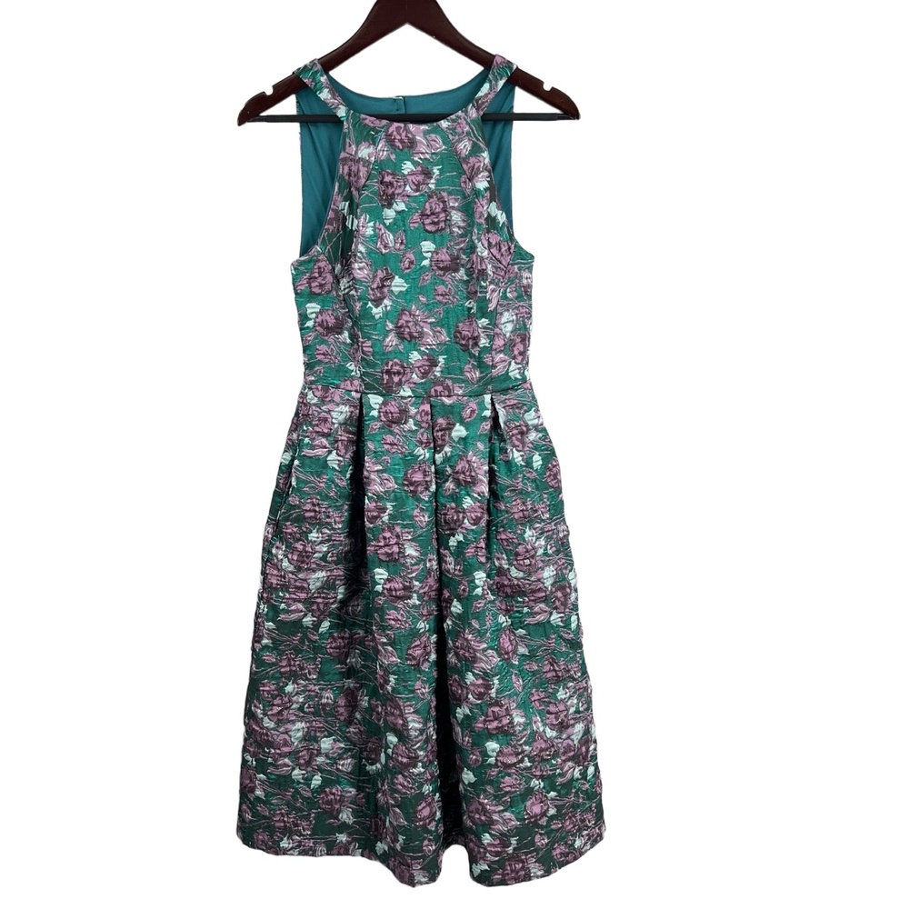 Eva Franco Fit And Flare Dress Green Purple Jacquard‎ Floral Metallic Size 4